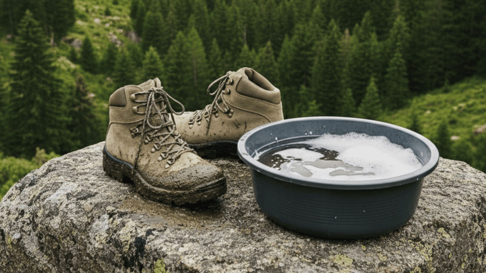 botas de montaña sucias junto a un cubo con agua