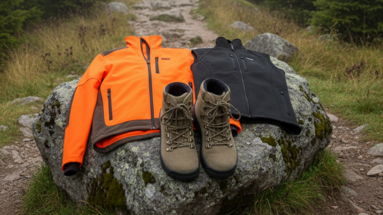 ropa de montaña sobre una roca en un sendero