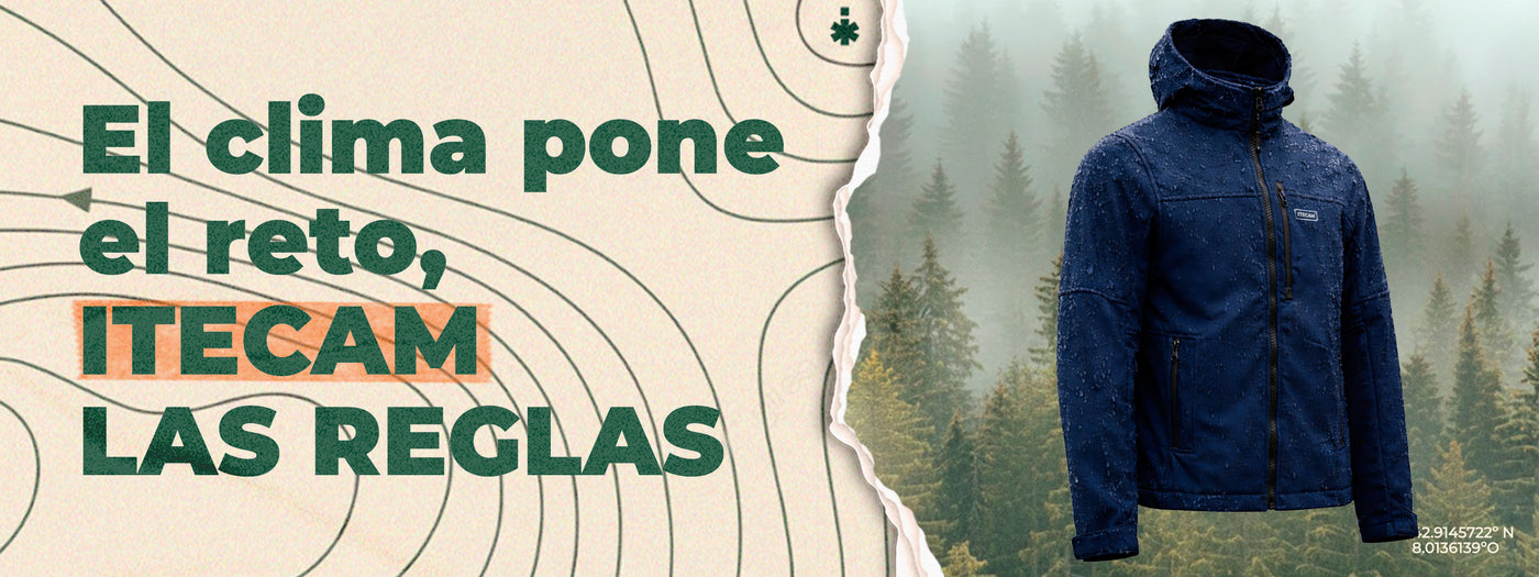 chaqueta impermeable junto al lema El clima pone el reto, Itecam las reglas